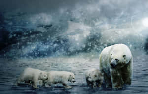 北極熊媽媽和她的幼崽在暴風雪中涉水穿過冰冷的海水。 — 北極熊 壁紙