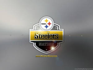 Steelers Nation 標誌在拉絲金屬背景上，下方有網站文字。 — 匹茲堡鋼人 壁紙
