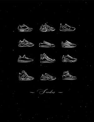 十二個白色運動鞋輪廓以網格排列在黑色星空背景上，下方寫有「Sneakers」。 — iPad 第9代 壁紙