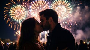 一對情侶在夜晚的彩色煙火下親吻，背景有人群。 — 新年 壁紙