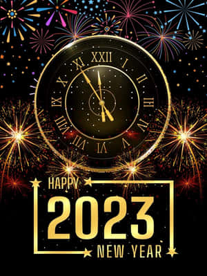金色時鐘配煙火和「Happy 2023 New Year」文字，用於除夕。 — 新年快樂 2020 壁紙