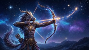 半人馬弓箭手在群山之上的宇宙夜空中射出一顆星星