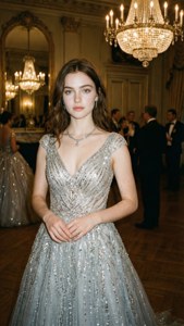 在水晶吊燈下的正式舞廳活動中，身穿銀色亮片長裙的女性。 — 米莉·芭比·布朗 壁紙