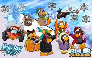 Club Penguin 角色穿著冬季節日服裝，用雪花和賽車慶祝。 — 企鵝 GIF 壁紙