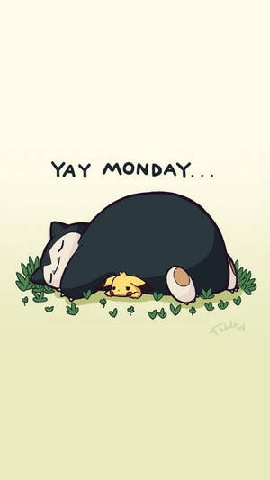 卡比獸睡覺，皮卡丘從肚子下探頭，文字 yay monday — 卡比獸 壁紙