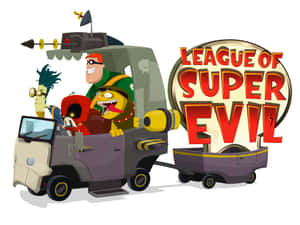 卡通反派在一輛帶有 League of Super Evil 標誌的車輛上。 — 迪士尼反派 壁紙