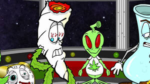 卡通外星人帶有大麻符號，在帶有星星的太空船內。 — 卡通 壁紙