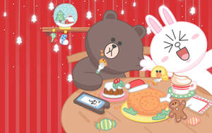 卡通熊和兔子分享聖誕大餐，有火雞蛋糕和糖果。 — LINE FRIENDS 壁紙