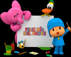 Pocoyo 和朋友們用色彩繽紛的美術用品和節日標語牌慶祝父親節。