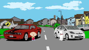 Stewie 和 Brian 在陽光明媚的郊區街道上站在他們的車旁。 — 湯姆與傑利卡通 壁紙