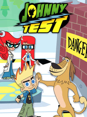 Johnny Test卡通角色與狗在實驗室中帶有危險標誌 — 2048x2732 壁紙