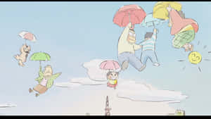 角色在微笑的太陽下，在卡通天空中拿著雨傘飛翔。 — 妖狐藏馬 壁紙