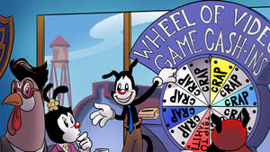 卡通角色在一個標有「Wheel of Video Game Cash-Ins」的遊戲節目輪盤旁。