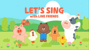 LINE FRIENDS 卡通角色在農場一起唱歌，背景有房屋和風車。 — Line Friends 壁紙