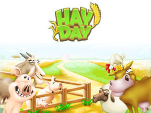 快樂的卡通農場動物在木柵欄後面，帶有「HAY DAY」標誌。 — 卡通农场 壁紙