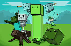 Minecraft角色包括苦力怕和骷髏在草地上，有飛翔的雞。 — 我的世界迷因 壁紙