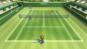 WiiSports網球遊戲，卡通選手在綠色球場上。 — 運動 壁紙