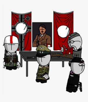 二戰德國軍服中的卡通士兵，帶有旗幟和希特勒肖像。 — 電玩遊戲 GIF 壁紙