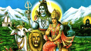 印度教神祇濕婆與帕爾瓦蒂，公牛和獅子，山寺環境 — Maa Durga 壁紙