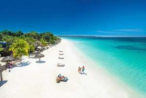 熱帶海灘，有白色沙灘、碧綠海水和人們在棕櫚樹下放鬆。 — 牙買加海灘 壁紙