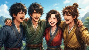 《19天》的主要四個角色一起，以群體姿勢笑著。 — 19天 壁紙