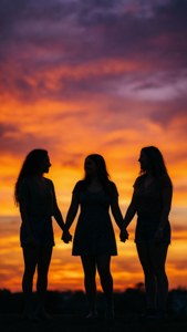 三個女性在日落時分以剪影形式手牽手 — 奇幻沼澤 壁紙