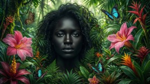 一位捲髮女性，在叢林中被熱帶花卉和蝴蝶包圍。 — Kodak Black 壁紙