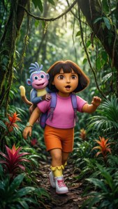 Dora the Explorer 和她的猴子朋友在茂密的叢林中行走。 — 愛探險的朵拉 壁紙