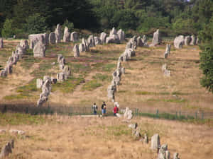 三個人站在乾草地中的古代立石之間。 — 石頭 壁紙
