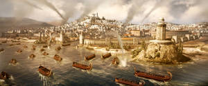 戰艦在設防的古城附近交戰，煙霧從燃燒的建築物中升起。 — 電玩遊戲 GIF 壁紙