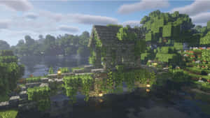Minecraft世界中湖邊長滿植物的石頭廢墟，綠意盎然，還有燈籠。 — 塔橋 壁紙