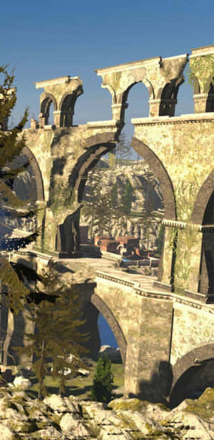 風化石砌水道，帶有拱門和樹木，在清澈的藍天下。 — 電玩遊戲 GIF 壁紙