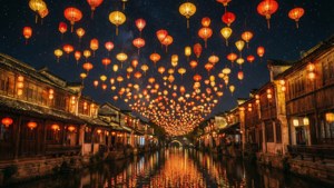 歷史悠久的中國古鎮上空，燈籠升起，河面倒映出魔幻夜景。