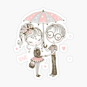 卡通情侶撐著雨傘，周圍有心形漂浮。 — 情侶擁抱 壁紙