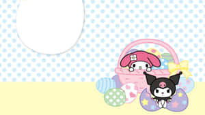 My Melody 和 Kuromi 在復活節籃子裡，搭配裝飾蛋和圓點背景 — 可愛動漫頭貼 GIF 壁紙