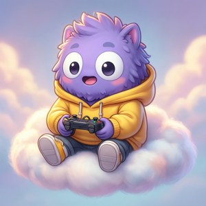 可愛的小Clyde坐在雲端上，手持遊戲控制器，柔和色調。