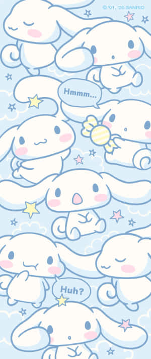 Cinnamoroll 角色在藍色背景上與星星和對話氣泡一起漂浮。 — Galaxy Z Flip 壁紙
