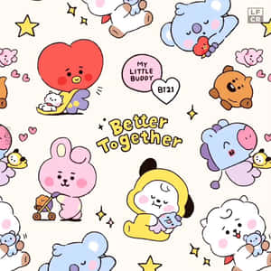 BT21角色漂浮，周圍有心形和星星，圍繞著「Better Together」字句。 — 臉 壁紙