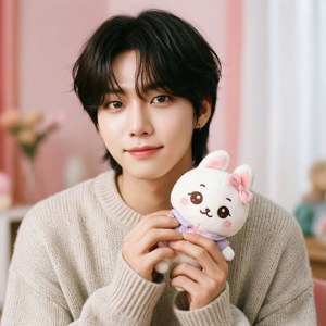年輕男子在舒適的粉紅色房間裡抱著一隻毛絨兔子玩具。 — Stray Kids 壁紙