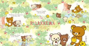 Rilakkuma和朋友們在充滿花朵和樹木的蜂蜜森林中。 — 可愛熊 壁紙