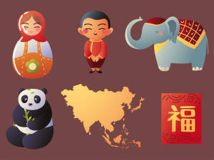 代表亞洲文化的可愛卡通圖標，包括熊貓、大象和漢字。 — 唐人街 壁紙