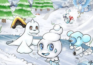 可愛的冰寶可夢在雪地森林中與松樹和山玩耍。 — 卡通 壁紙
