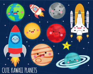 可愛的卡哇伊卡通行星和火箭帶著笑臉漂浮在太空中。 — 宇宙美學 壁紙