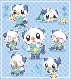 七個 Q 版 Oshawott 角色在藍色格子背景上擺出俏皮姿勢。 — 情緒 壁紙