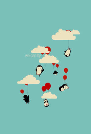 企鵝漂浮在紅色氣球上，有雲朵和文字「我們可以飛翔」。 — 企鵝 GIF 壁紙