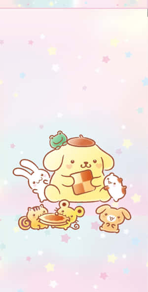 可愛的卡通動物在粉彩星星下用蛋糕慶祝。 — 黑川伊佐那 壁紙