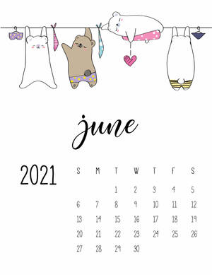 2021年6月日曆，卡通動物掛在晾衣繩上。 — 可愛熊 壁紙