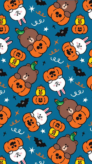 萬聖節卡通角色穿著南瓜服裝，在藍色背景上，有蝙蝠和星星。 — Line Friends 壁紙