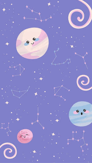 可愛的卡通行星帶著笑臉在繁星點點的紫色天空中。 — 夜空 壁紙