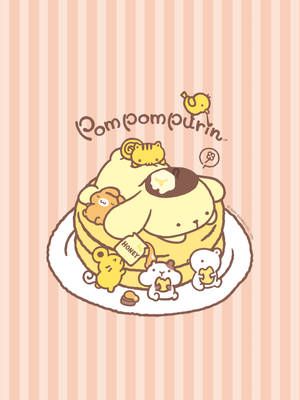 Pom Pom Purin 和朋友們在粉紅色條紋背景上吃蜂蜜煎餅。 — 可愛卡通 壁紙